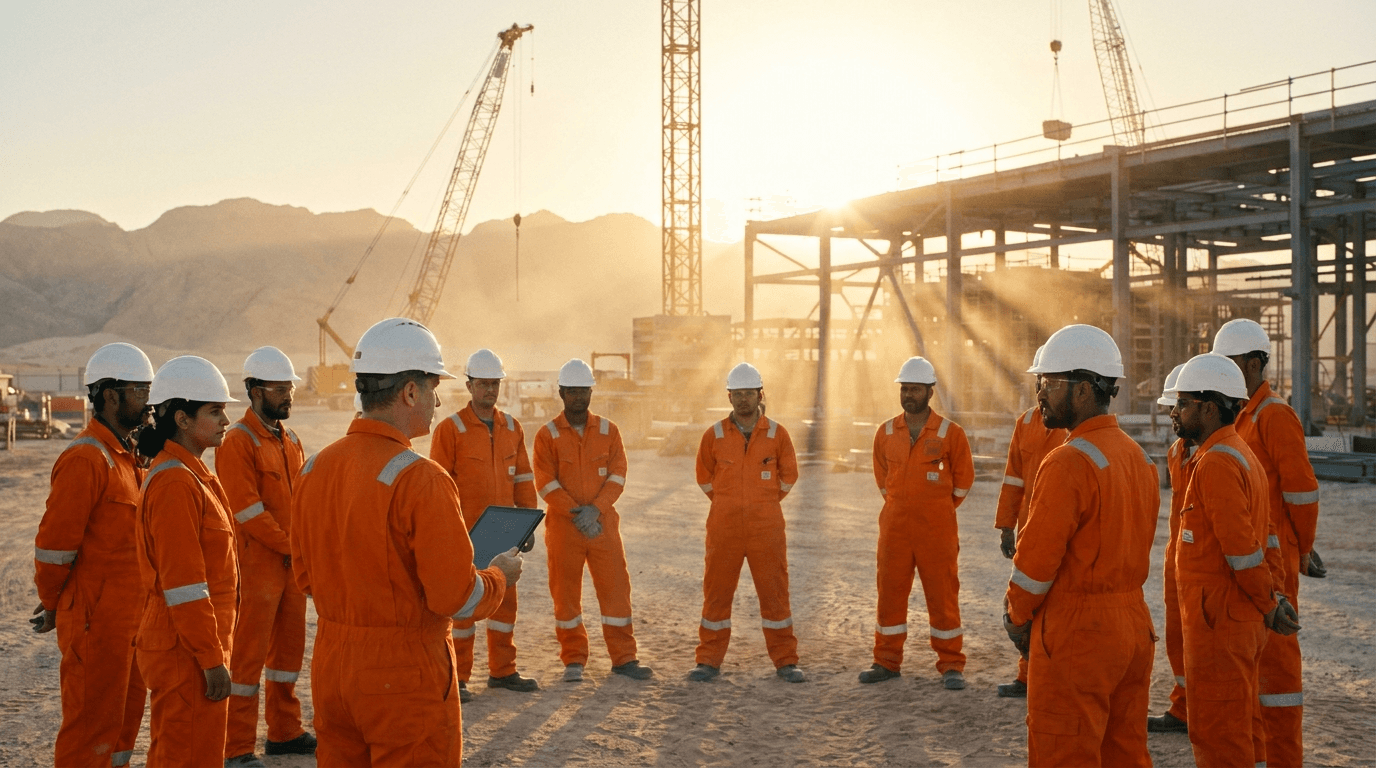 Safety workers reviewing AI training on a tablet